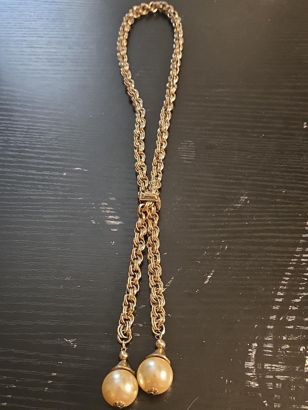 Silver -Tone Double Pearl Pendant Lariat Necklace